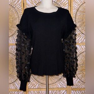 Siano Black Sweater with Mesh Floral Appliqué Sleeves XL